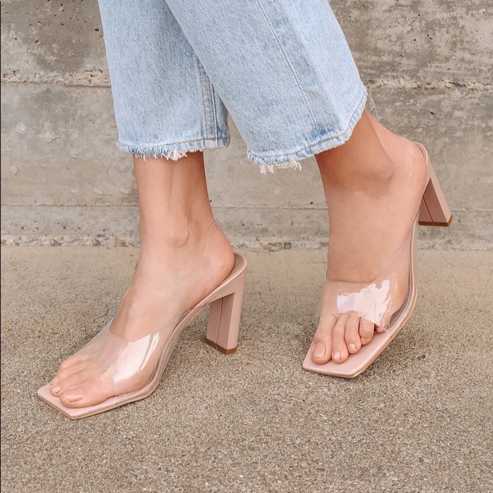 Lulu’s Nude Patent Square Toe High Heel Sandals *NEW* size 8